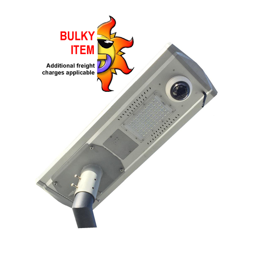30W all-in-one solar street light with an integrated security camera, PIR sensor, and built-in solar panel.