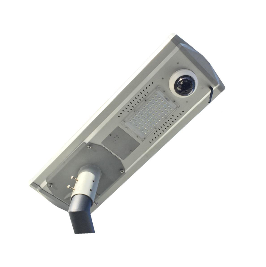 60W all-in-one solar street light with an integrated security camera, PIR sensor, and built-in solar panel.