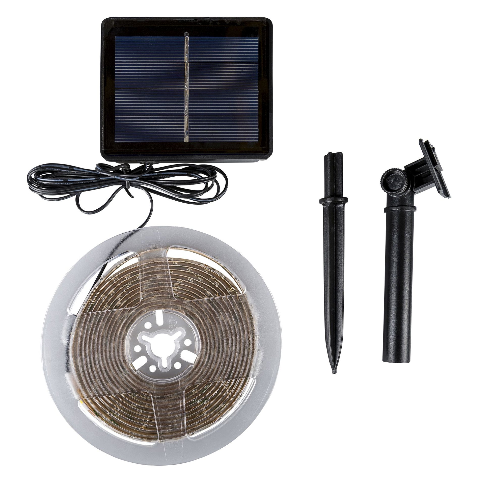 Solar LED strip light kit with solar panel and ground spike