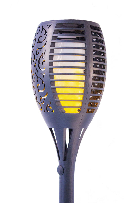 A solar tiki torch with a flickering light designed for outdoor pathway lighting.