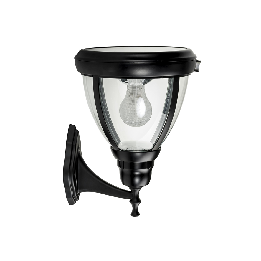 A traditional black solar wall light made of die-cast aluminium and 4 curved glass panels - circular