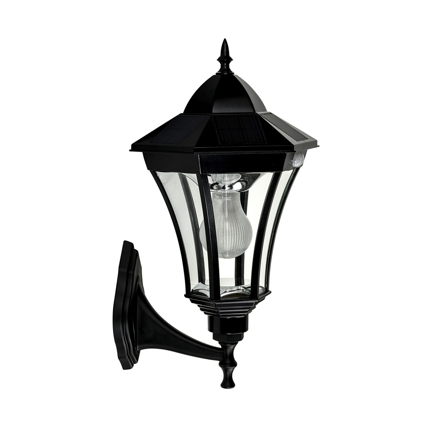 A traditional black solar wall light made of die-cast aluminium and 6 curved glass panels