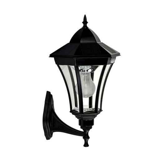 A traditional black solar wall light made of die-cast aluminium and 6 curved glass panels
