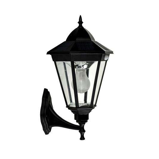 A traditional black solar wall light made of die-cast aluminium and 6 straight glass panels