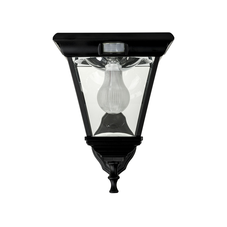 A traditional black solar wall light made of die-cast aluminium and 4 straight glass panels - square