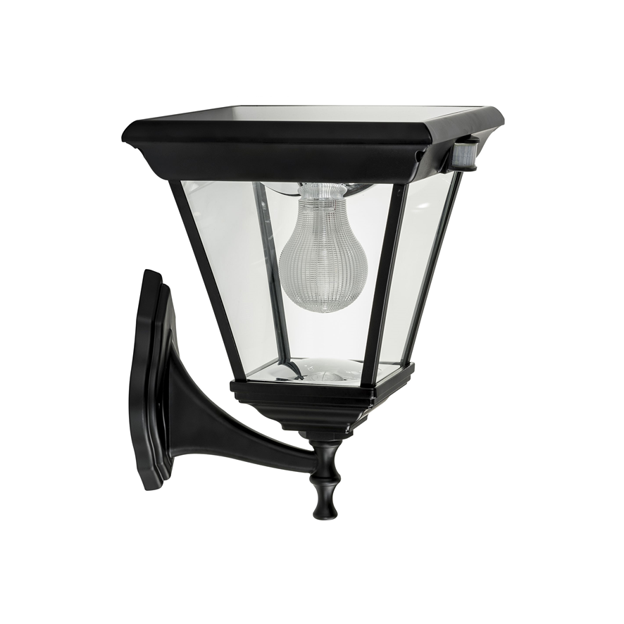 A traditional black solar wall light made of die-cast aluminium and 4 straight glass panels - square