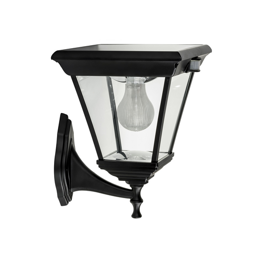A traditional black solar wall light made of die-cast aluminium and 4 straight glass panels - square