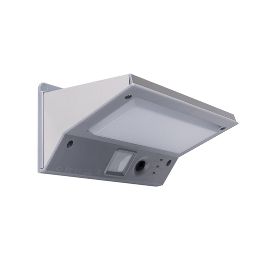 A sleek stainless steel LED solar wall light with a PIR sensor