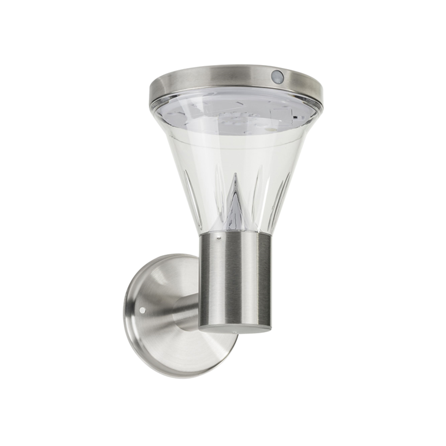 A round shaped stainless steel solar wall light with a built-in solar panel and a motion sensor, featuring a clear lens and a wall mounting bracket.