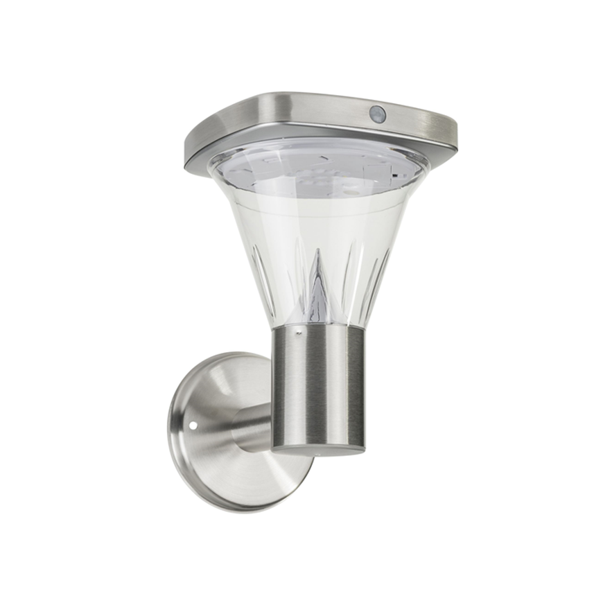 A square shaped stainless steel solar wall light with a built-in solar panel and a motion sensor, featuring a clear lens and a wall mounting bracket.