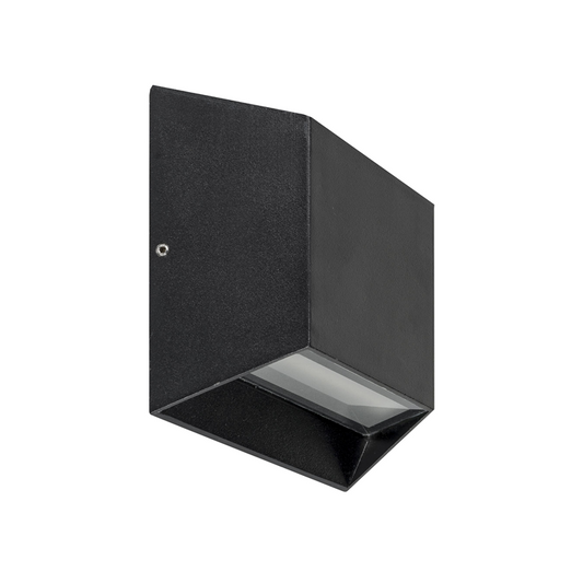 A black, modern LED outdoor solar wall light with a geometric design, featuring a built-in solar panel.