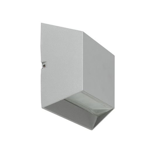 A silver, modern LED outdoor solar wall light with a geometric design, featuring a built-in solar panel.