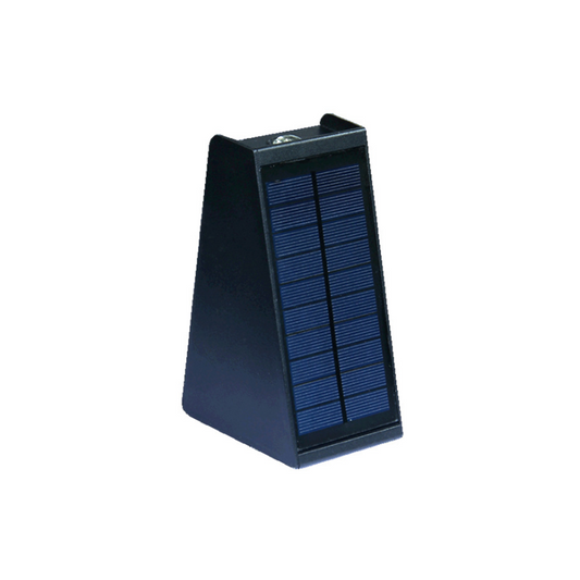 Black LED up/down solar wall light with a solar panel, constructed from machined aluminium, designed for outdoor use.
