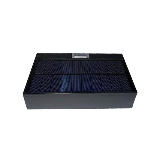 A rectangular black LED up/down solar wall light with a solar panel on top and built-in LEDs.