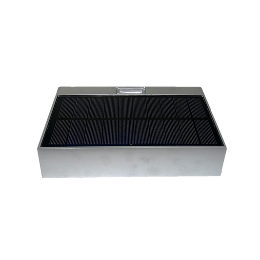 A rectangular silver LED up/down solar wall light with a solar panel on top and built-in LEDs.