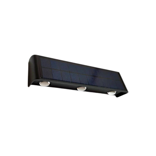 Black LED up/down solar wall light fixture with a solar panel on the front