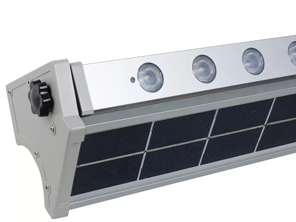 A solar wall washer light with a built-in solar panel, designed for mounting on a surface