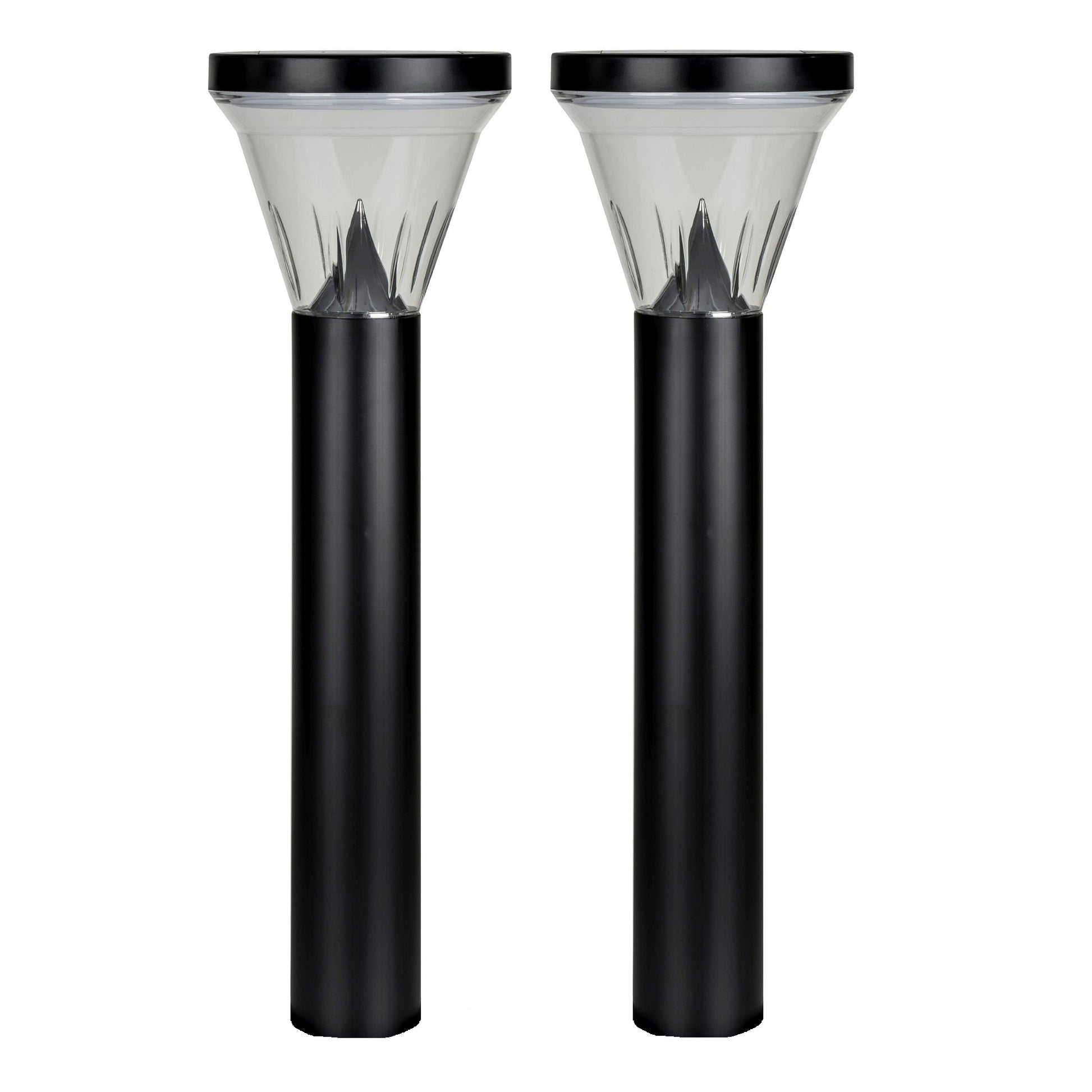 Two black polycarbonate bollard lights with a UV stabilized lens, designed for outdoor use.