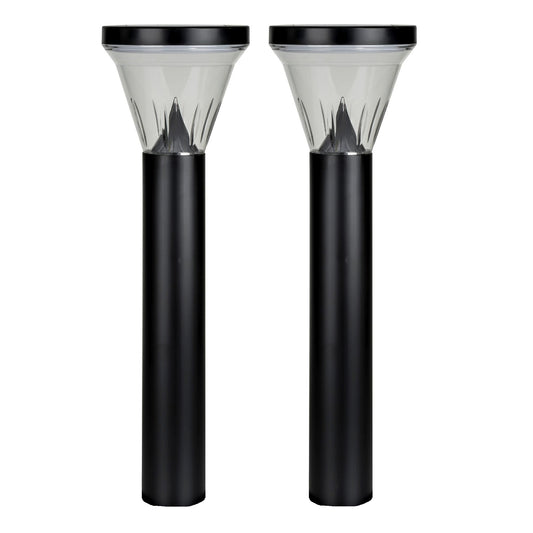 Two black polycarbonate bollard lights with a UV stabilized lens, designed for outdoor use.