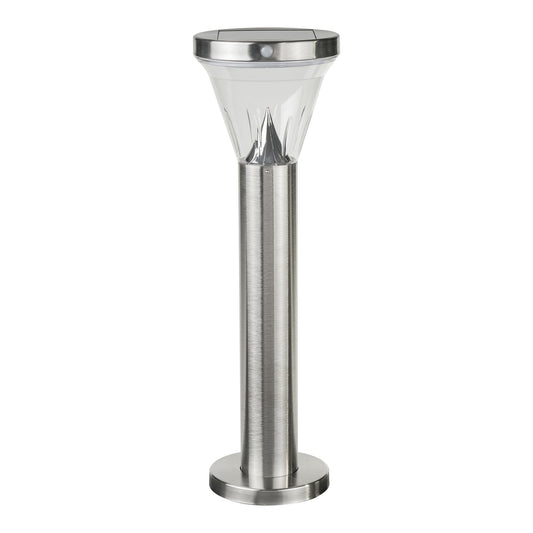 A modern stainless steel bollard light with a built-in solar panel at the top and a clear, cylindrical glass cover over the LED lights.