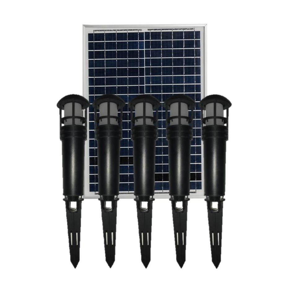 A set of five black polycarbonate bollards with spikes on the bottom, accompanied by a remote solar panel and an integrated battery box.