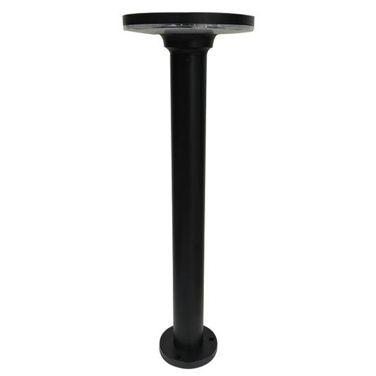 A black, vertical bollard to post light made of machined aluminium with a flat, circular top and base, designed for outdoor use.