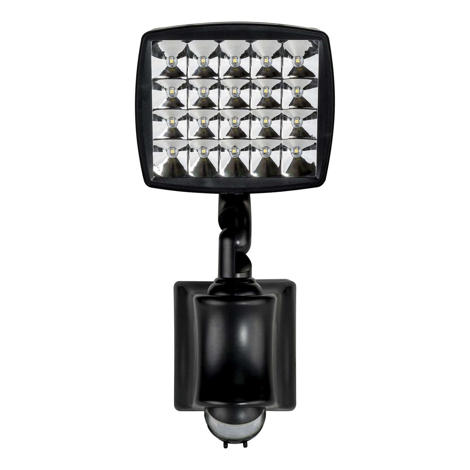 Solar LED flood light with PIR sensor and black UV stabilized ABS resin body.