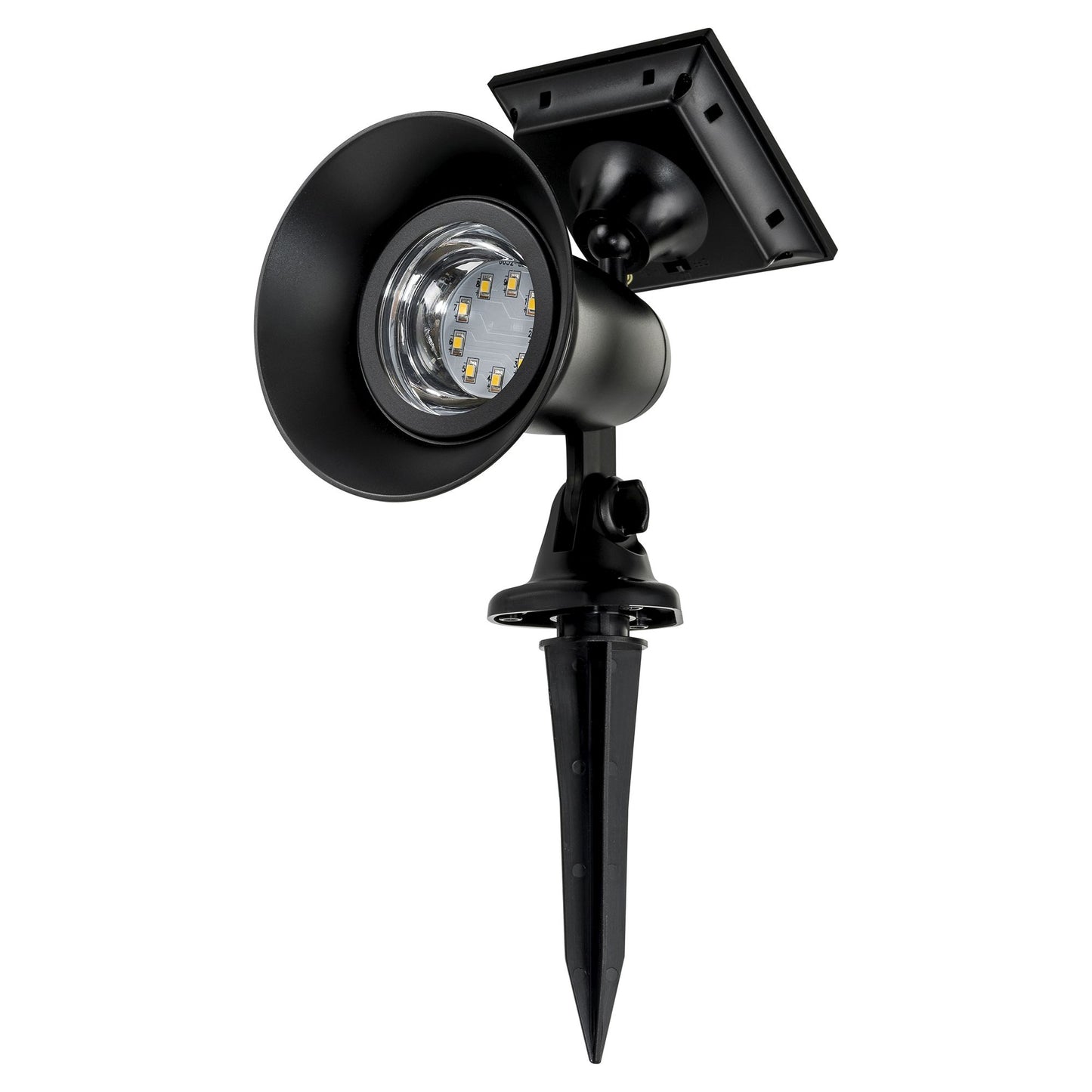 A black solar garden spot light with a mounted solar and ground spike, designed for outdoor use.