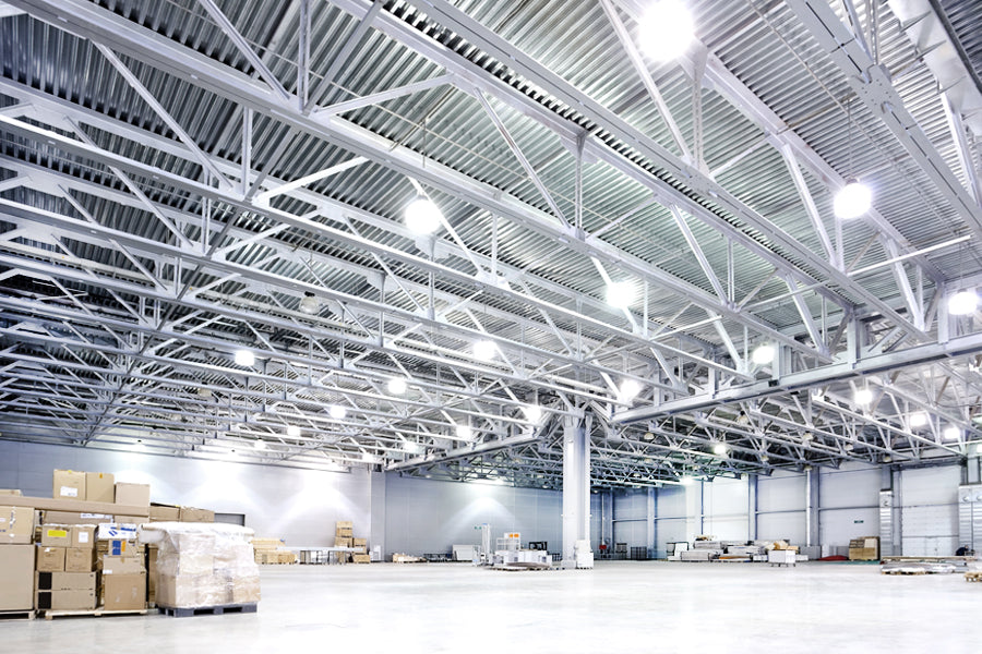 100W LED solar high bay light installed inside a large warehouse