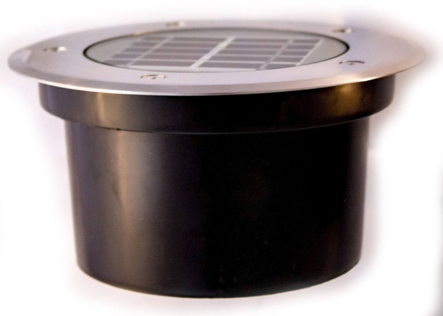 A 4W stainless steel in-ground uplighter with recessed warm white LEDs & built-in solar panel