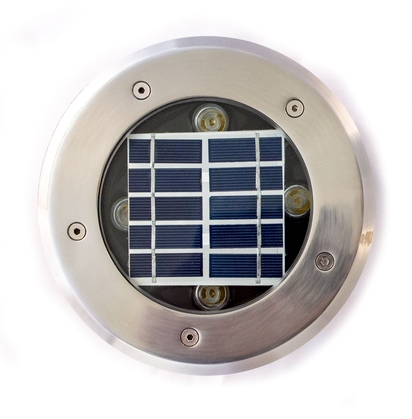 A 4W stainless steel in-ground uplighter with recessed warm white LEDs & built-in solar panel