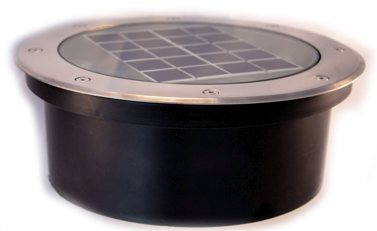 A 8W stainless steel in-ground uplighter with recessed warm white LEDs & built-in solar panel