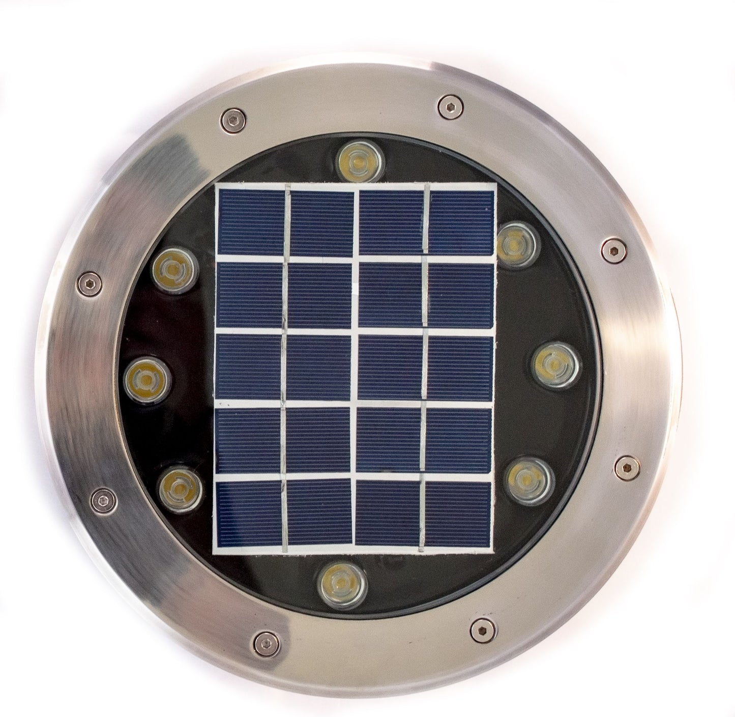 A 8W stainless steel in-ground uplighter with recessed warm white LEDs & built-in solar panel