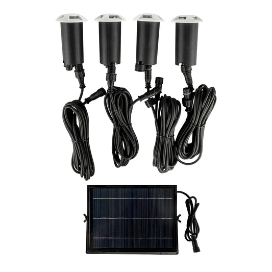 A set of solar in-ground lights with 4 LED lights, cables, and solar panel.