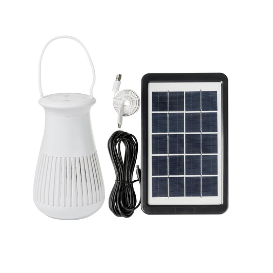 A portable white LED lantern with a built-in Bluetooth speaker, including a solar panel and a USB charging cable.