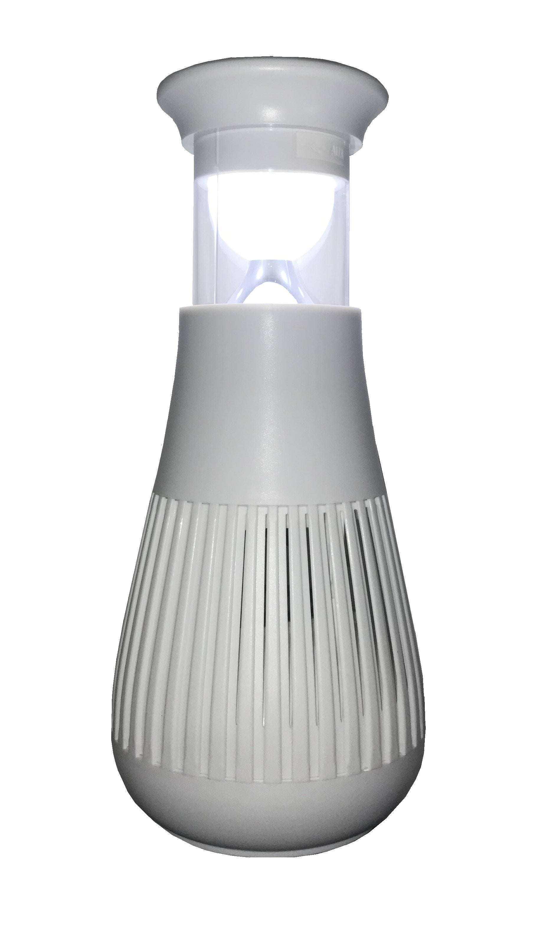 A portable white LED lantern with a built-in Bluetooth speaker