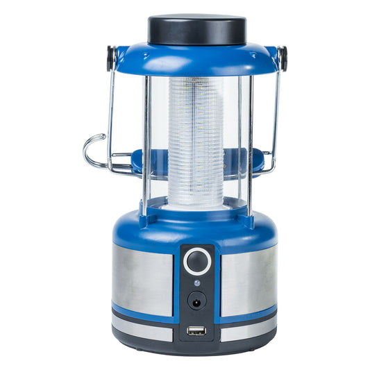 A solar portable LED lantern in blue and silver with hanging hook and USB port