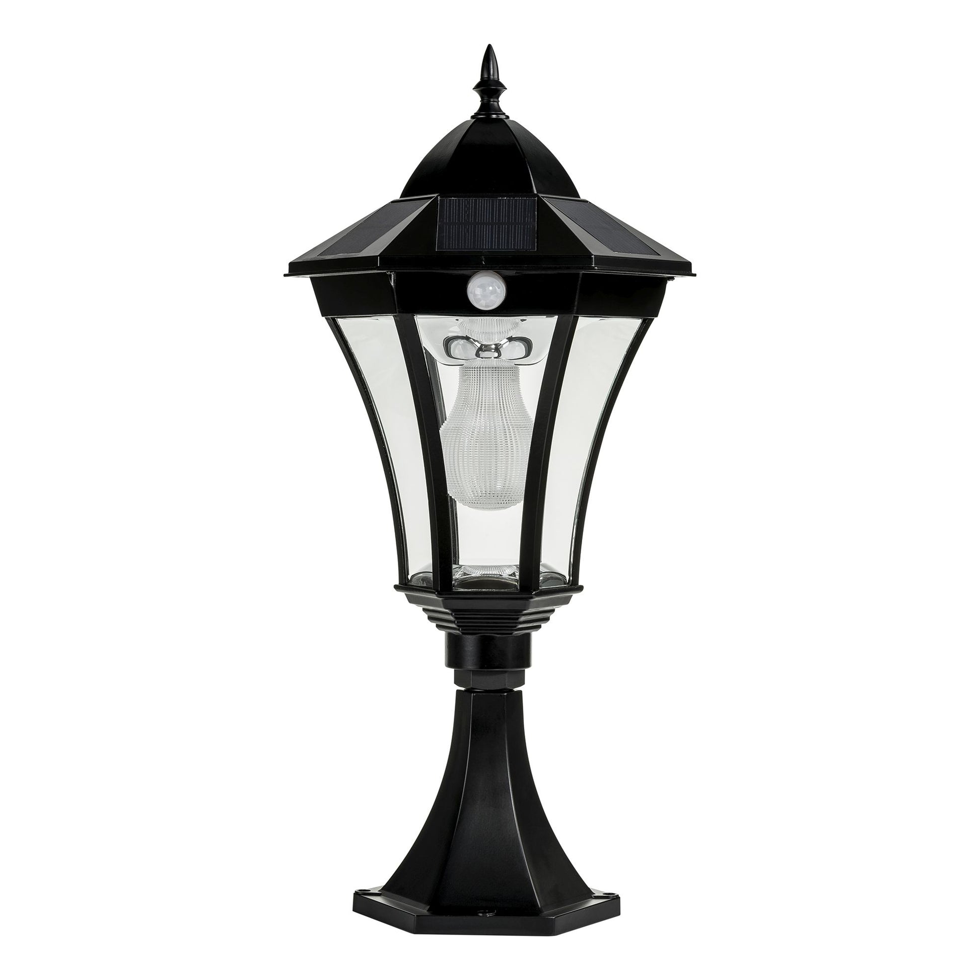 A traditional solar black pillar light made of die cast aluminium,with a built-in solar panel and a glass lampshade, designed for outdoor installation