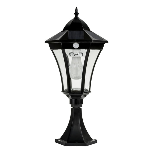 A traditional solar black pillar light made of die cast aluminium,with a built-in solar panel and a glass lampshade, designed for outdoor installation