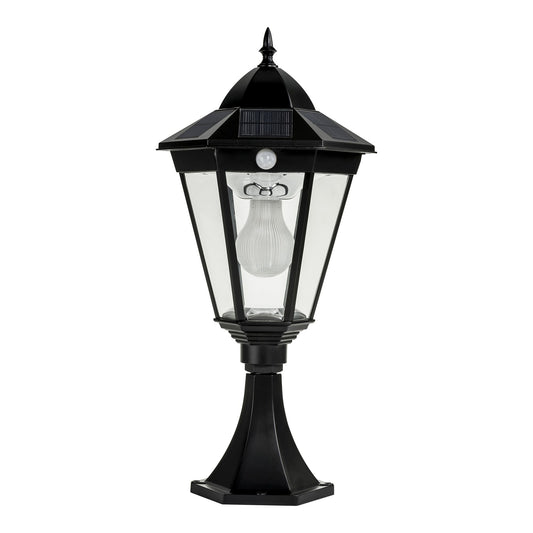 A traditional solar black pillar light made of die cast aluminium,with a built-in solar panel and a glass lampshade, designed for outdoor installation
