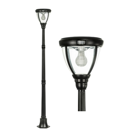 A traditional solar post light made of die cast aluminium powder coated black,with a built-in solar panel and a glass lampshade, designed for outdoor installation
