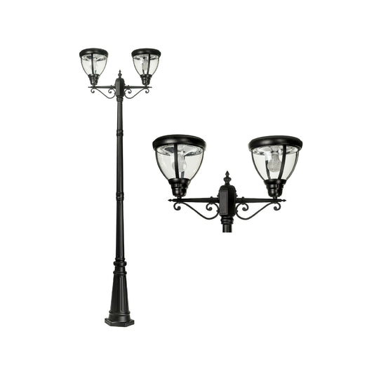 A traditional dual head solar post light made of die cast aluminium powder coated black,with a built-in solar panel and a glass lampshade, designed for outdoor installation