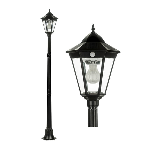 A traditional solar post light made of die cast aluminium powder coated black,with a built-in solar panel and a glass lampshade, designed for outdoor installation