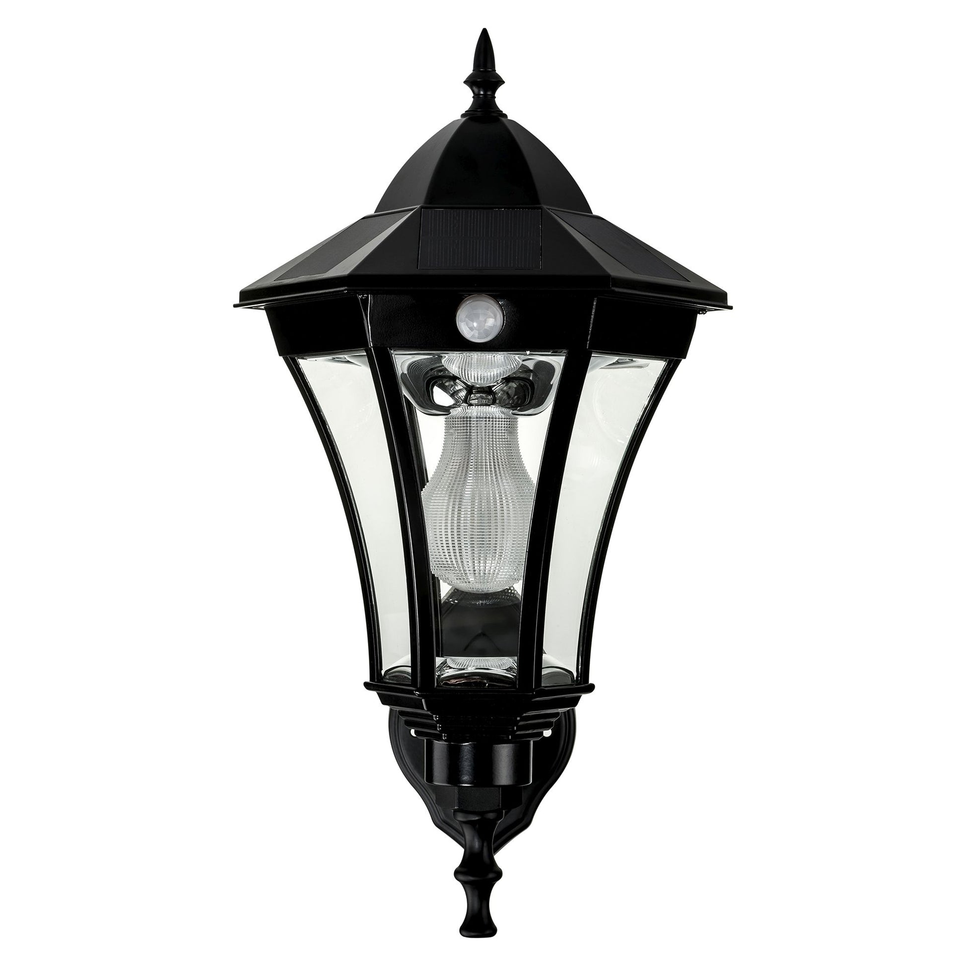 A traditional black solar wall light made of die-cast aluminium and 6 curved glass panels