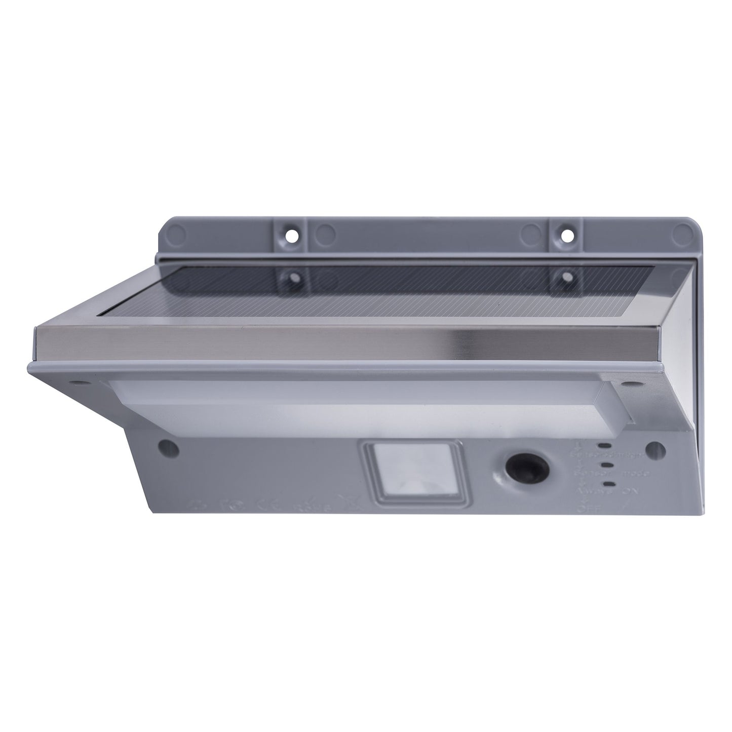 A sleek stainless steel LED solar wall light with a PIR sensor