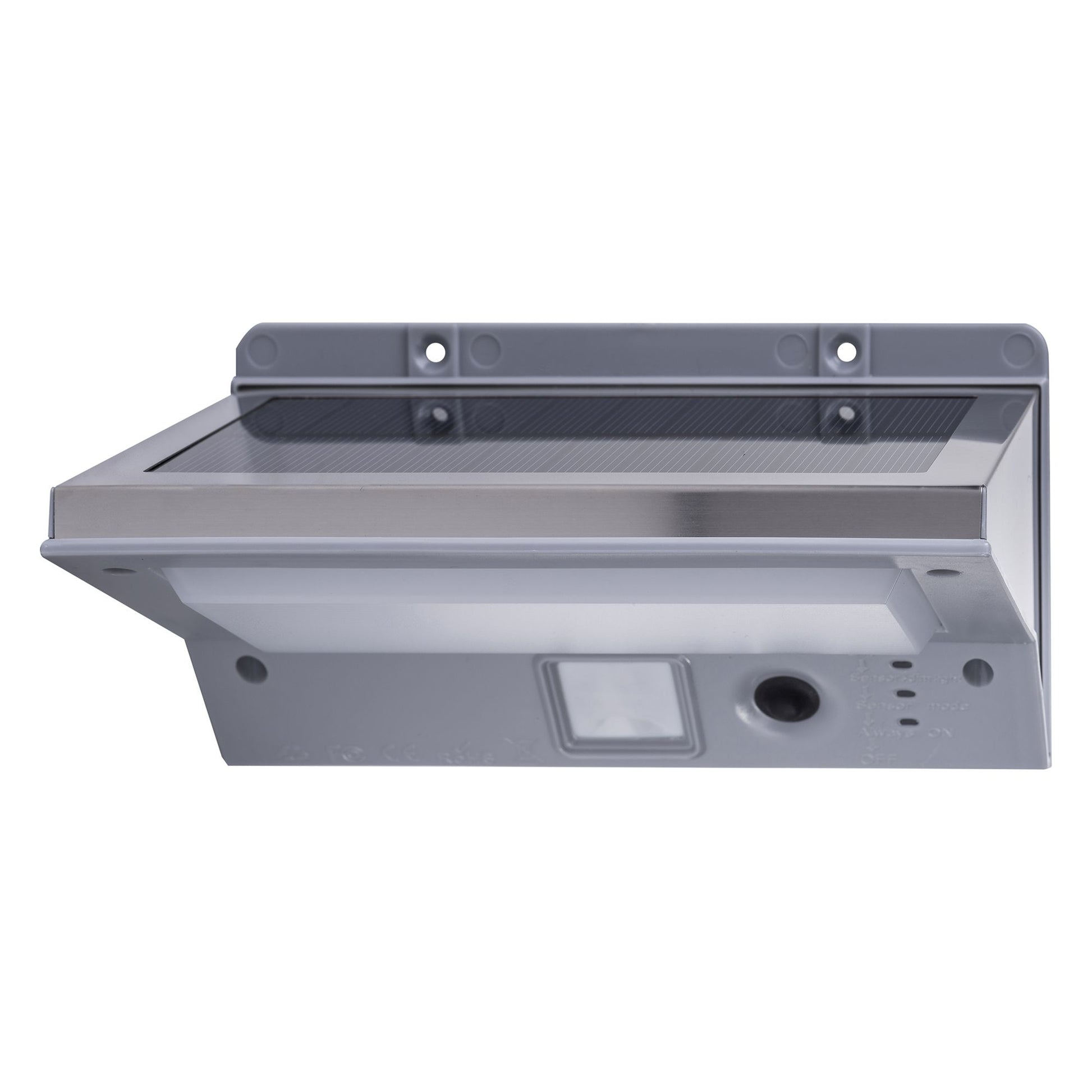 A sleek stainless steel LED solar wall light with a PIR sensor