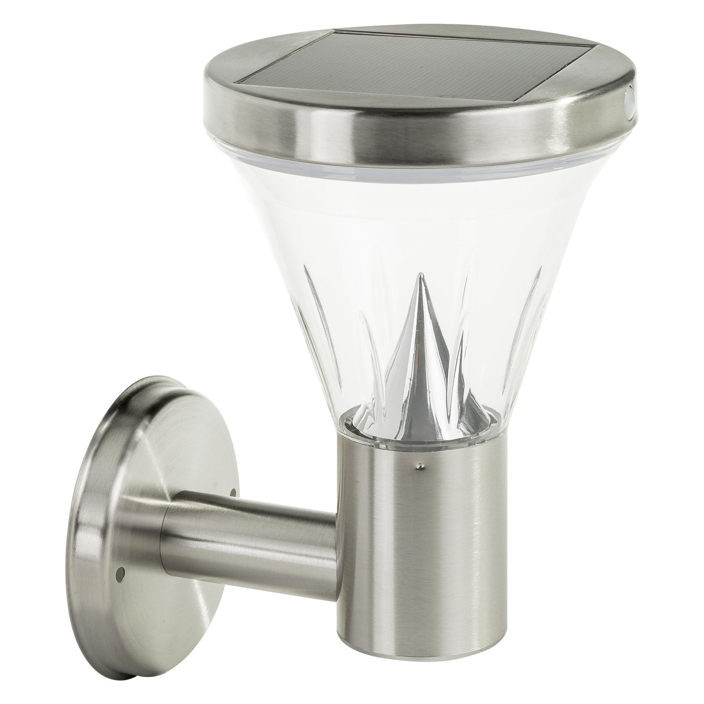 A round shaped stainless steel solar wall light with a built-in solar panel and a motion sensor, featuring a clear lens and a wall mounting bracket.