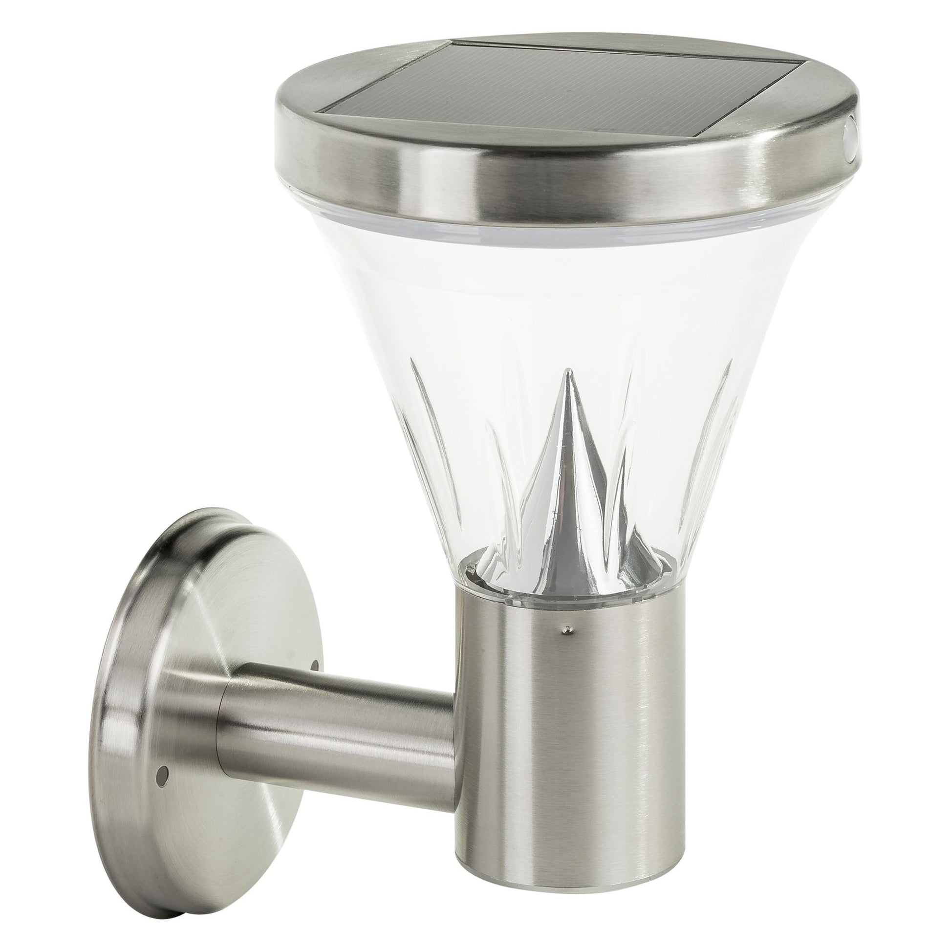 A round shaped stainless steel solar wall light with a built-in solar panel and a motion sensor, featuring a clear lens and a wall mounting bracket.
