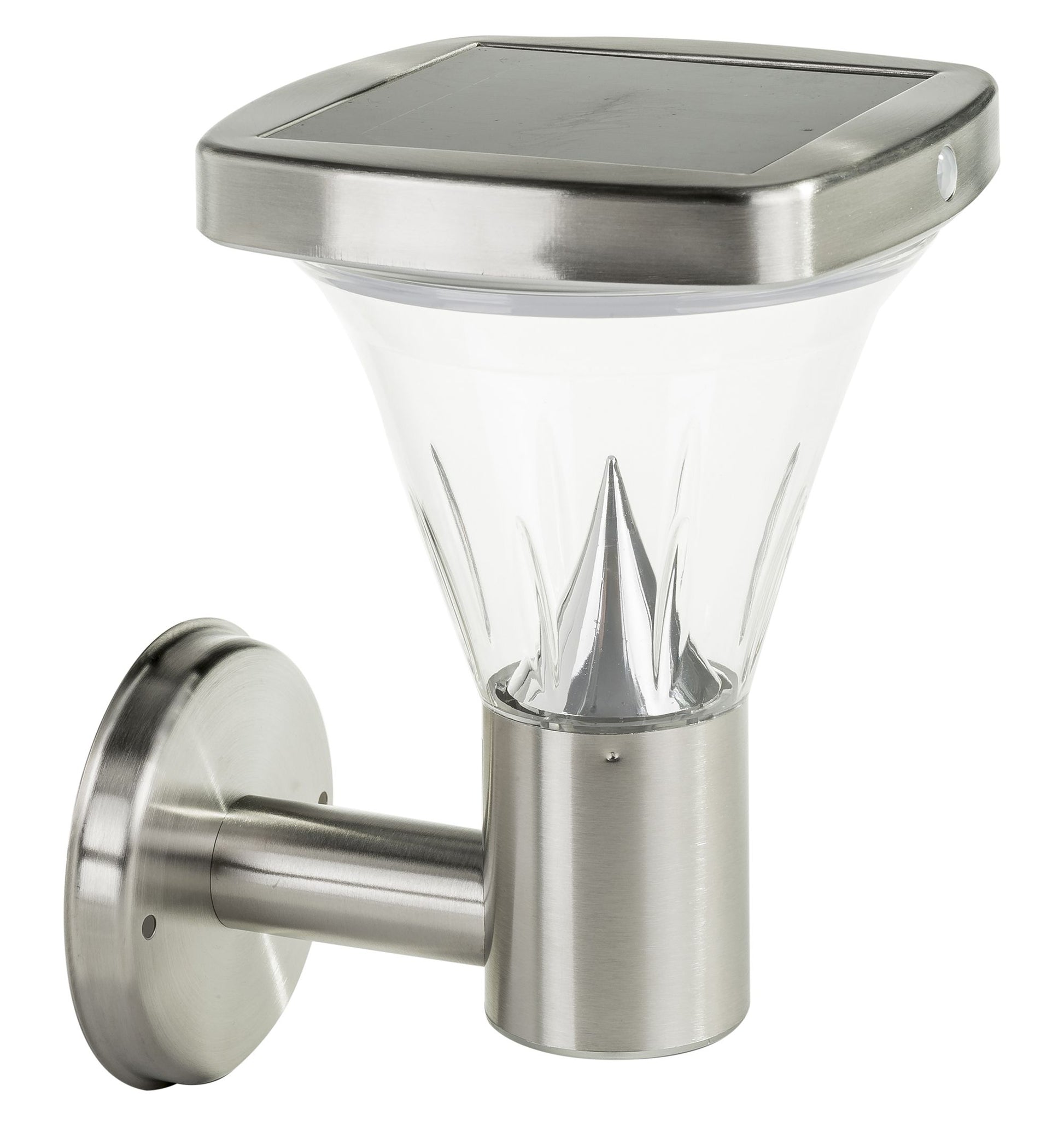 A square shaped stainless steel solar wall light with a built-in solar panel and a motion sensor, featuring a clear lens and a wall mounting bracket.