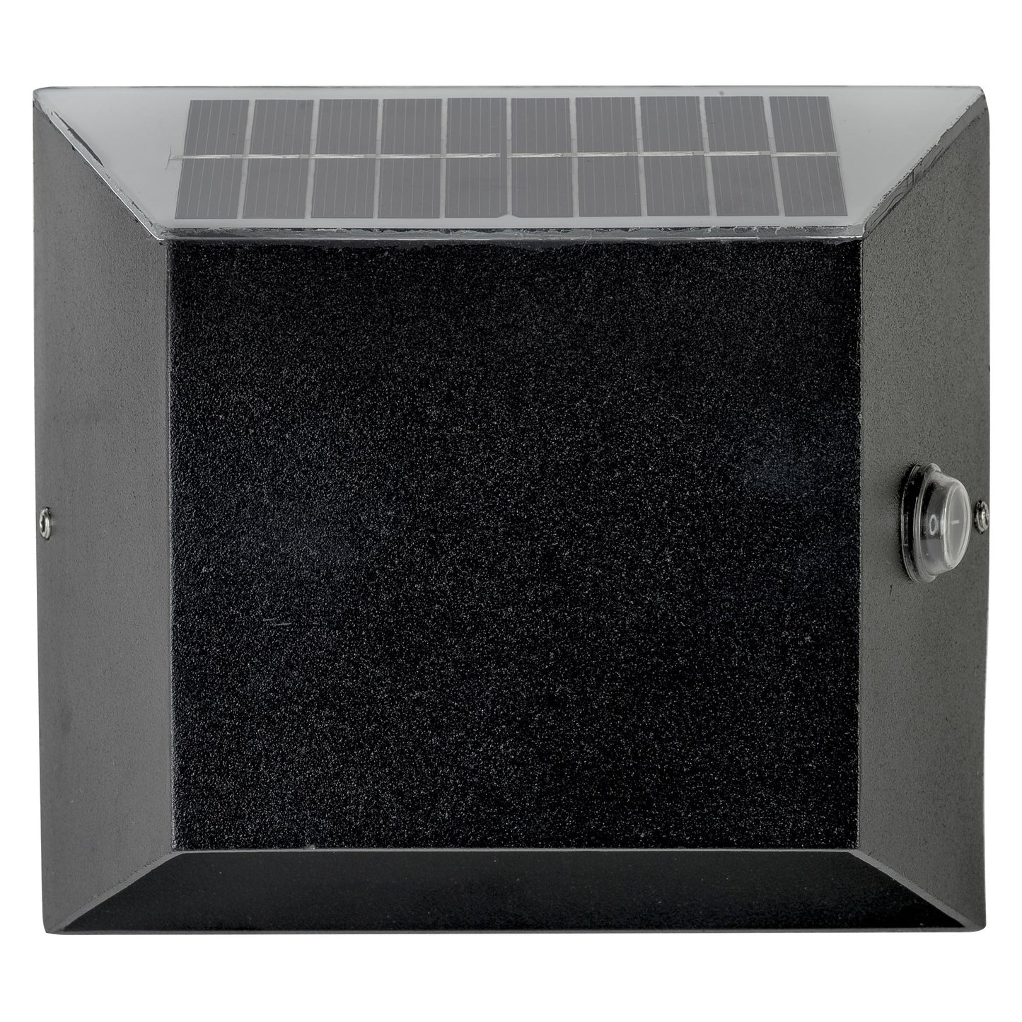 A black, modern LED outdoor solar wall light with a geometric design, featuring a built-in solar panel.